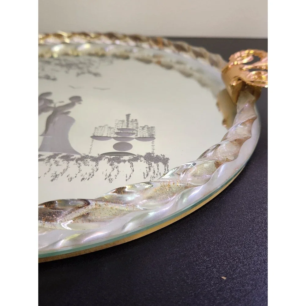 Italian Murano Venetian Etched Glass Mirror Gold Fleck Twist Rope Vanity Tray